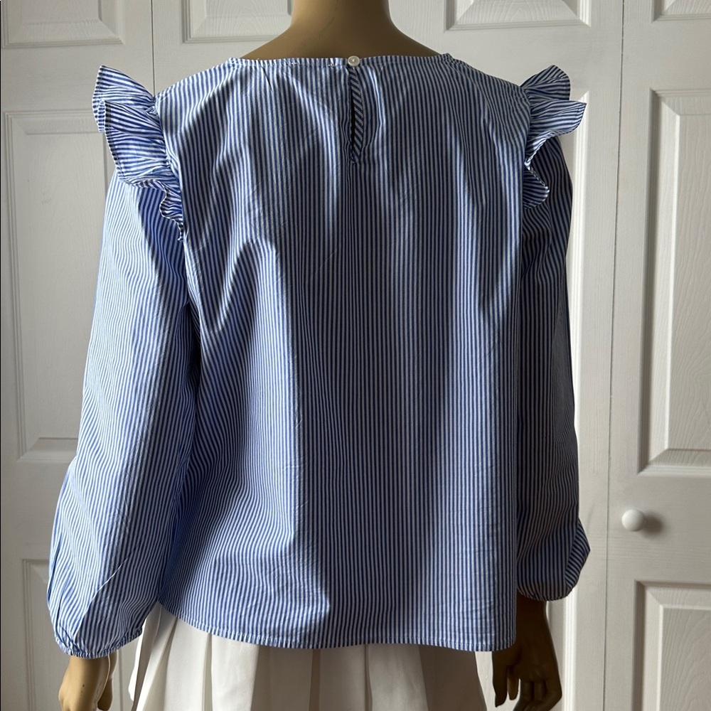 J. Crew Blue and White Striped Blouse with Ruffle Sleeves - Picture 11 of 13